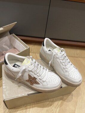 Golden Goose Ball Star White Leather Sneakers with Glitter Star